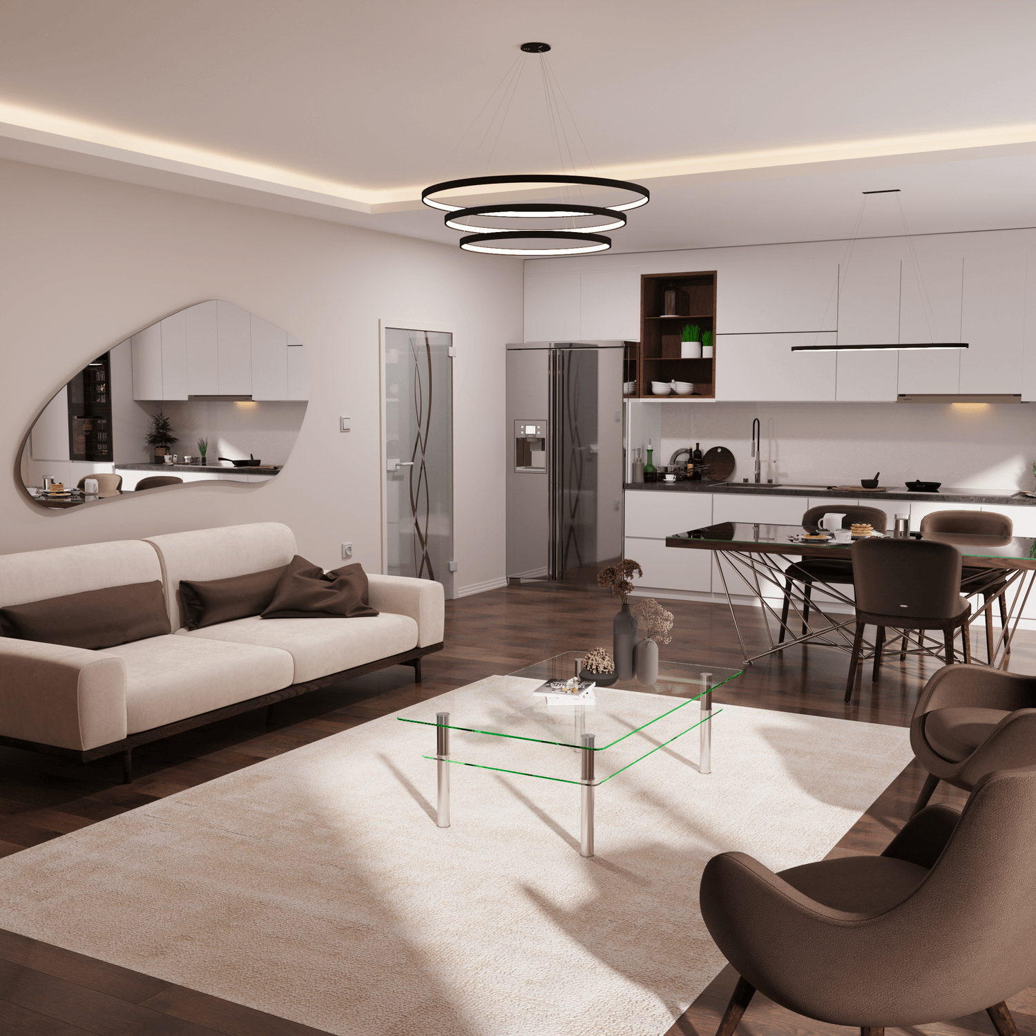 Wohnzimmer mit offener Küche